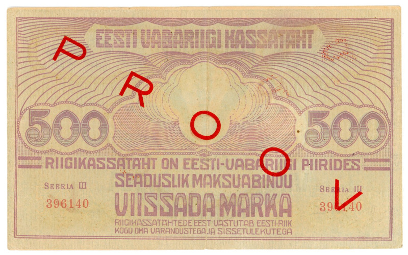 Estonia 500 Mark 1920 (ND) Specimen

P# 49cs, # III 396140; Overprint PROOV; X...