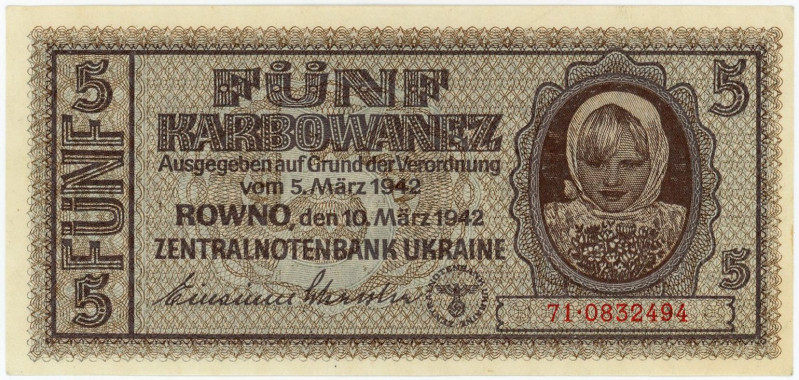 Ukraine 5 Karbovanets 1942

P# 51, N# 207672; # 71 0832494; AU