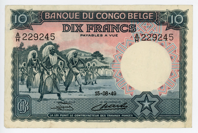 Belgian Congo 10 Francs 1949

P# 14E, N# 259106; # A/H 229245; VF