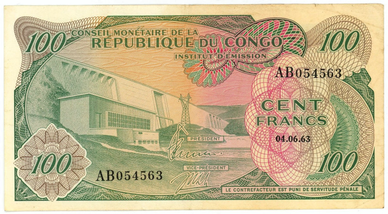 Congo Democratic Republic 100 Francs 1963

P# 1a, N# 259287; # AB054563; XF-