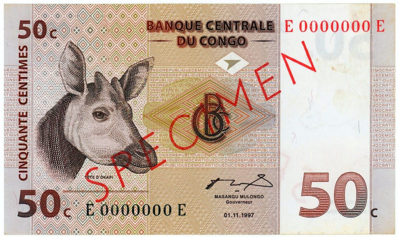 Congo Democratic Republic 50 Centimes 1997 Specimen

P# 84s, N# 216175; # E000...