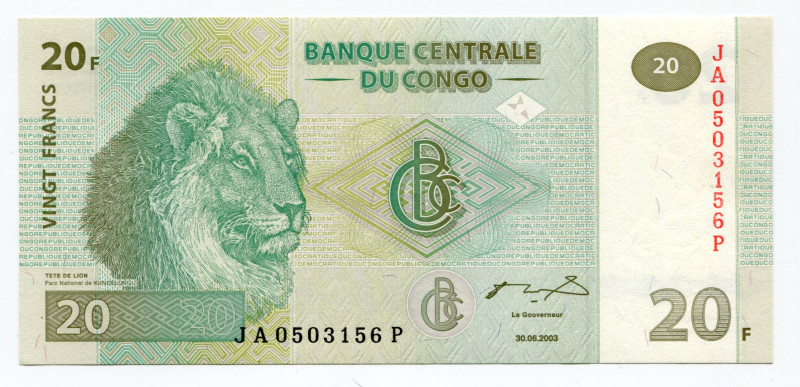 Congo Democratic Republic 20 Francs 2003

P# 94A, N# 203529; # JA0503156P; UNC