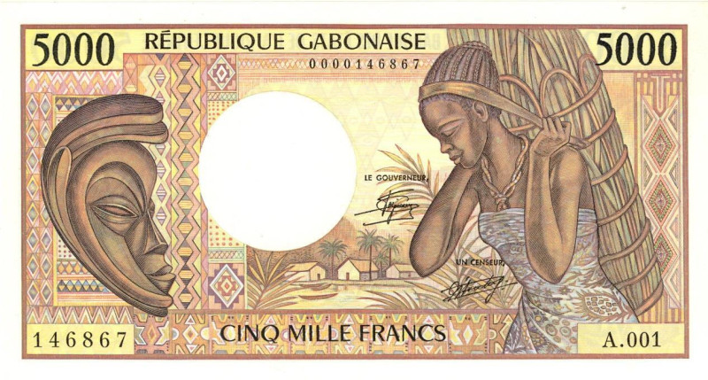 Gabon 5000 Francs 1983 - 1991

P# 7a, N# 268632; # A.001 146867; UNC