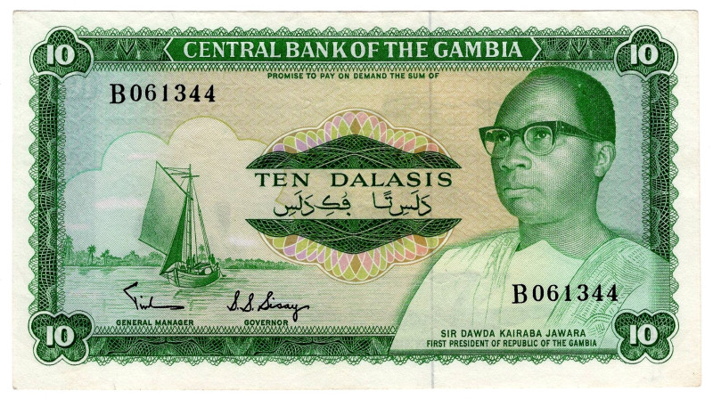 Gambia 10 Dalasis 1972 - 1986 (ND)

P# 6a, N# 224274; # B 061344; XF+/AUNC-