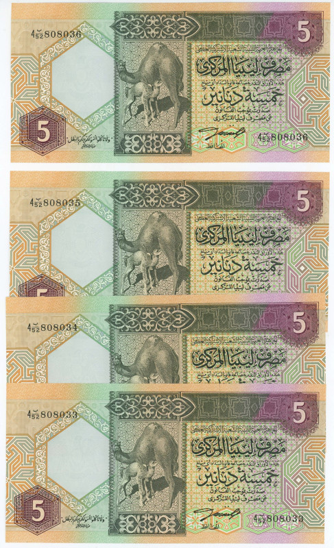 Libya 4 x 5 Dinars 1991 (ND) Consecutive Numbers

P# 60b, N# 223168; UNC