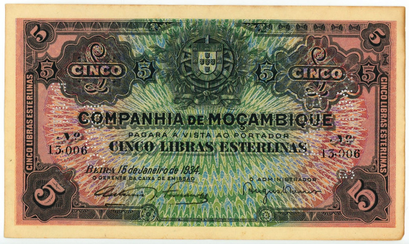 Mozambique 5 Libras 1934 / 1942 Perforated

P# R32, N# 203811; # 13.006; AUNC ...