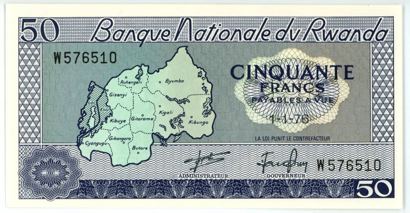 Rwanda 50 Francs 1976

P# 7c, N# 212079; # W 576510; UNC