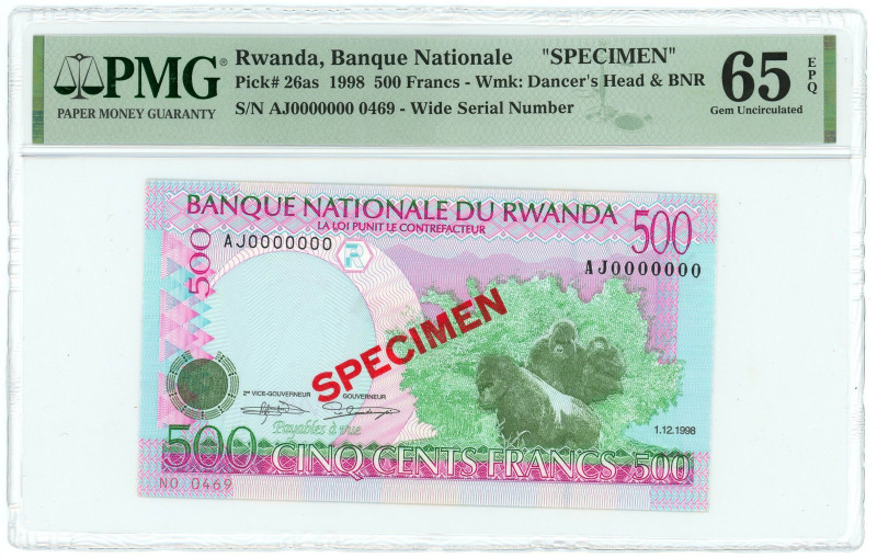 Rwanda Rwanda 500 Francs 1998 Specimen PMG 65 EPQ Gem UNC

P# 26as, N# 221666;...