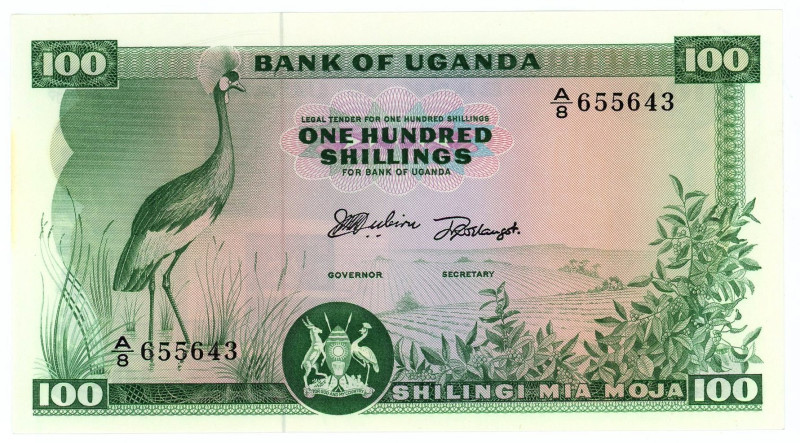 Uganda 100 Shillings 1966

P# 5a, N# 288299; # A/8 655643; UNC