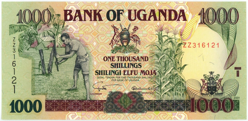 Uganda 1000 Shillings 2001

P# 39Aa, N# 224469; # ZZ 316121; UNC