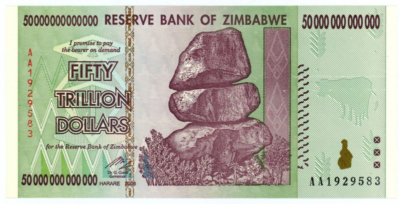 Zimbabwe 50 Trillion Dollars 2008

P# 90, N# 201956; # AA1929583; UNC