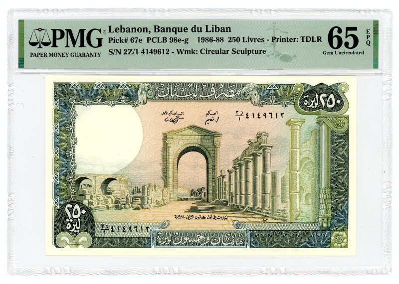 Lebanon 250 Livres 1986 - 1988 (ND) PMG 65 EPQ Gem UNC

P# 67e, N# 204951; # 2...