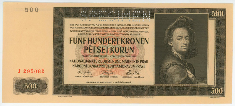 Bohemia & Moravia 500 Korun 1942 Specimen

P# 11s, N# 201690; # J 295082; UNC