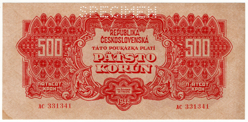 Czechoslovakia 500 Korun 1944 Specimen

P# 49s, N# 277698; # AC331341; UNC