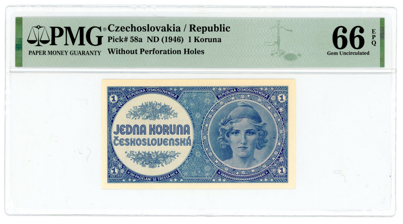 Czechoslovakia 1 Koruna 1946 (ND) PMG 66 EPQ Gem UNC Republic

P# 58a, N# 2270...