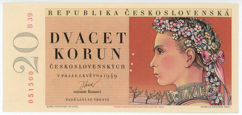 Czechoslovakia 20 Korun 1949 Specimen

P# 70, N# 224952; # B39 051500; UNC