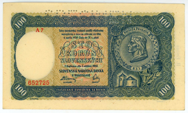 Slovakia 100 Korun 1940 Specimen

P# 11s, N# 207327; # A7 652725; Perforated S...