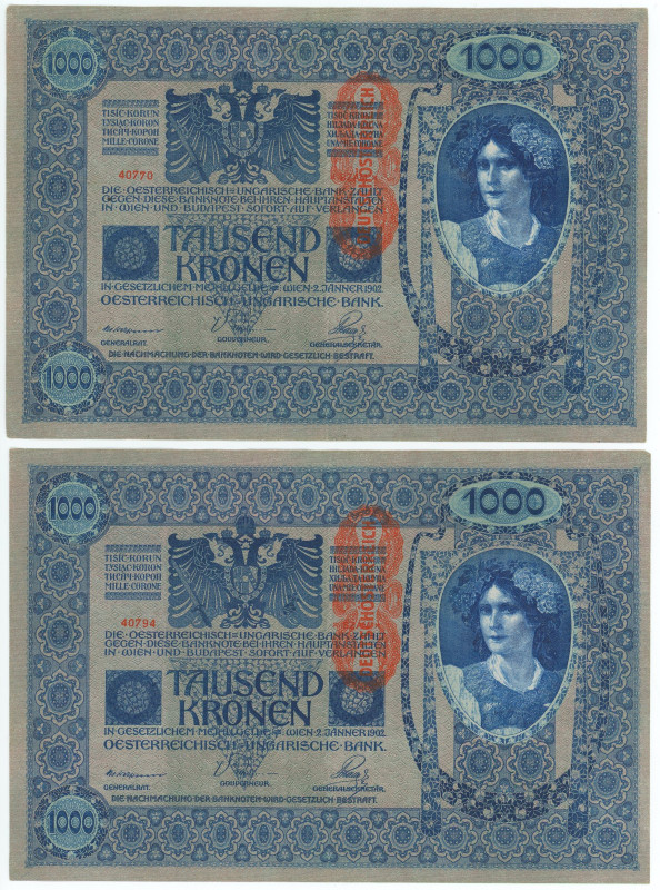 Austria 2 x 1000 Kronen 1902 (1919)

P# 59, N# 206950; Overprint "Deustschoste...