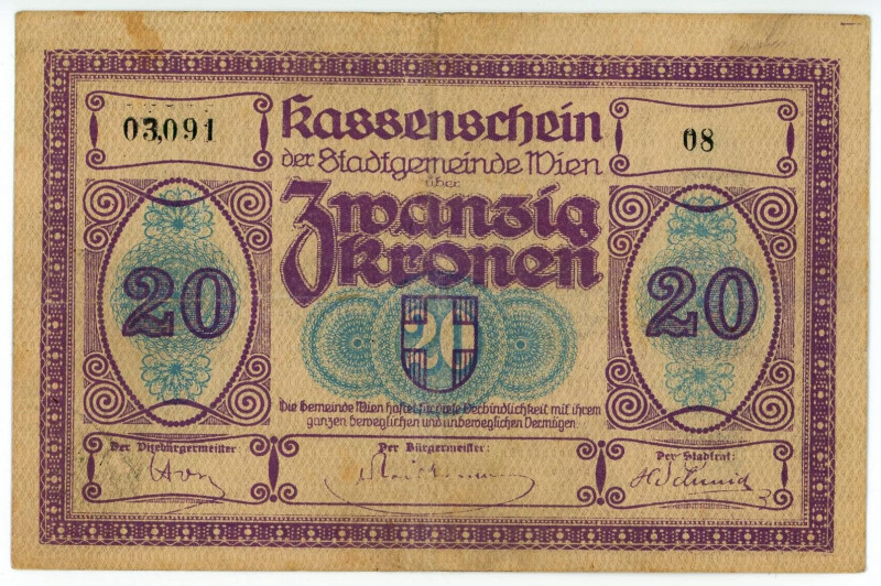 Austria Vienna (Wien) 20 Kronen 1918 Kassenschein

# 08 03091; VF