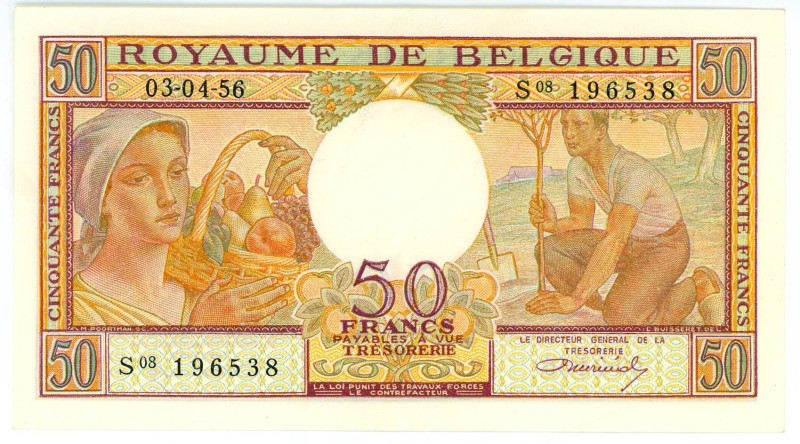 Belgium 50 Francs 1956

P# 133b, N# 207631; # S08 196538; UNC