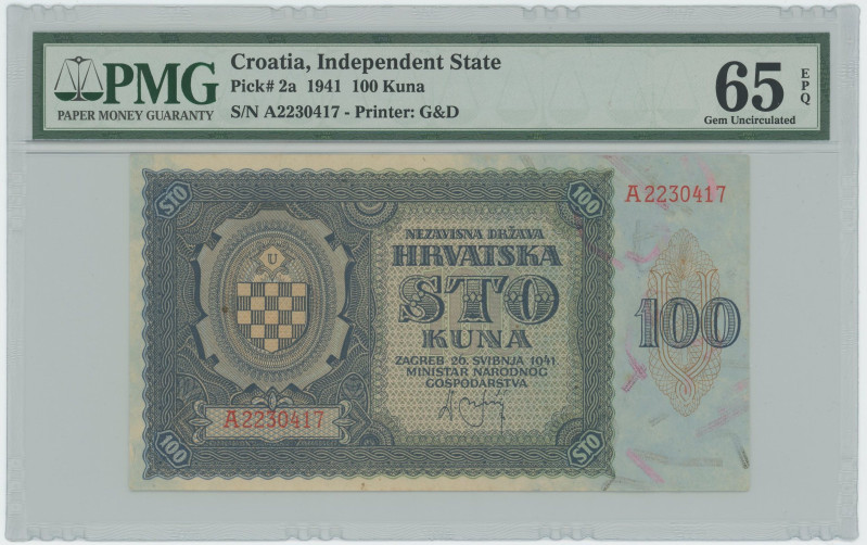 Croatia 100 Kuna 1941 PMG 65 EPQ Gem UNC

P# 2a, N# 206356; # A2230417; UNC