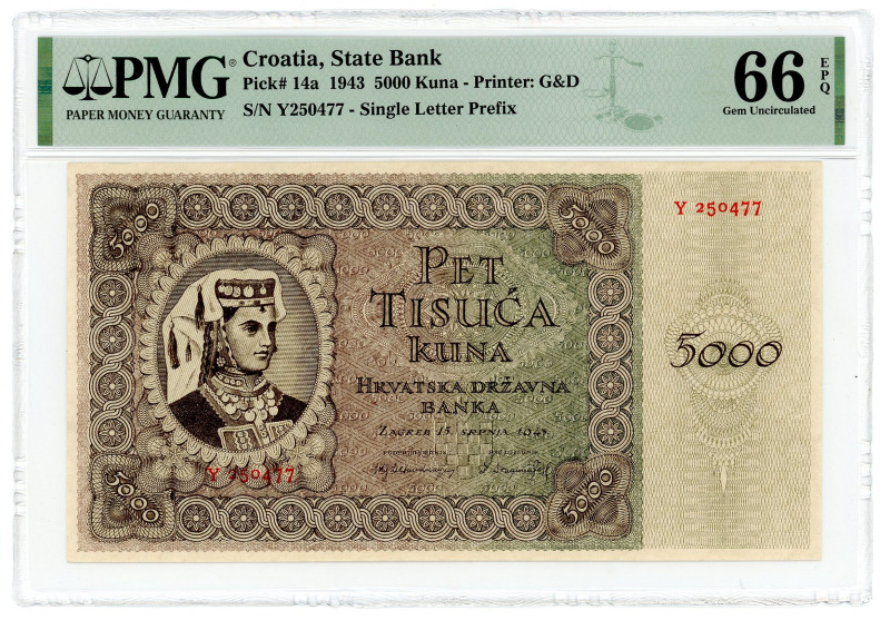 Croatia 5000 Kuna 1943 PMG 66 EPQ Gem UNC

P# 14a, N# 208515; # Y250477; Singl...