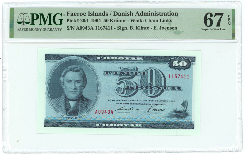 Faroe Islands 50 Kronur 1994 PMG 67 EPQ Superb Gem UNC

P# 20d, N# 222650; # A...