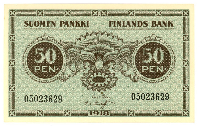 Finland 50 Pennia 1918

P# 34, N# 205488; # 05023629; UNC-