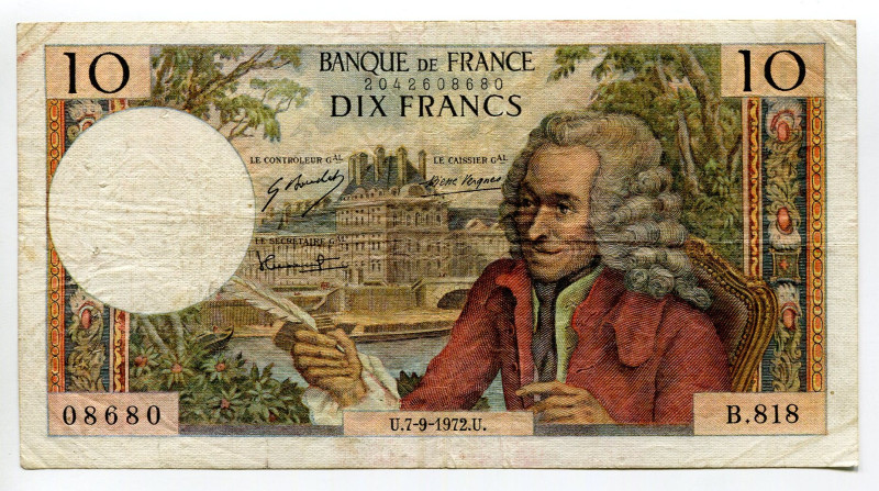 France 10 Francs 1972

P# 147d, Fay# 62/58, N# 203073; # B.818 08680; VF