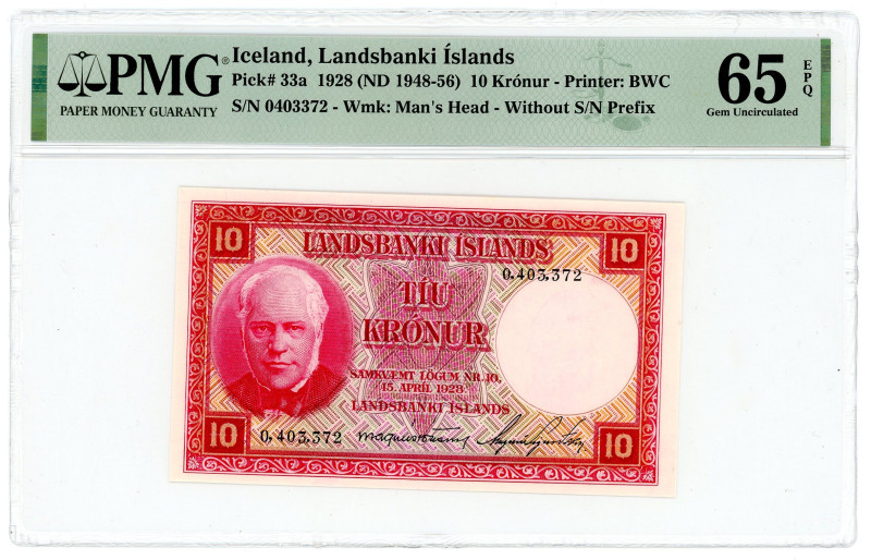 Iceland 10 Kronur 1948 - 1956 (ND) PMG 65 EPQ Gem UNC

P# 33a, N# 295716; # 04...