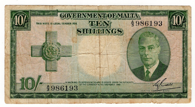 Malta 10 Shillings 1951 (ND)

P# 21, N# 233139; # A/3 986193; VF