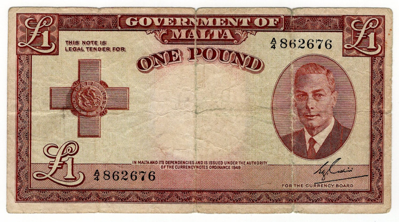 Malta 1 Pound 1951 (ND)

P# 22, N# 213539; # A/4 862676; F