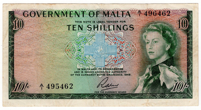 Malta 10 Shillings 1963 (ND)

P# 25, N# 233140; # A/1 495462; GVF