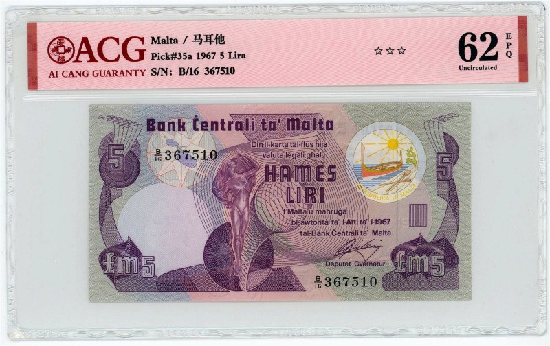 Malta 5 Liri 1979 ACG 62 EPQ

P# 35a, N# 209526; #B/16 367510; UNC