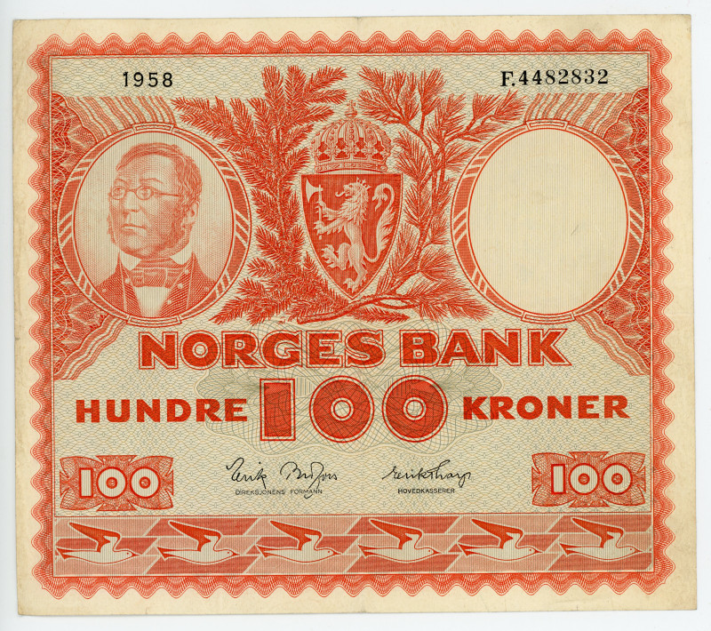 Norway 100 Kroner 1958

P# 33b, N# 276341; # F.4482832; VF-XF