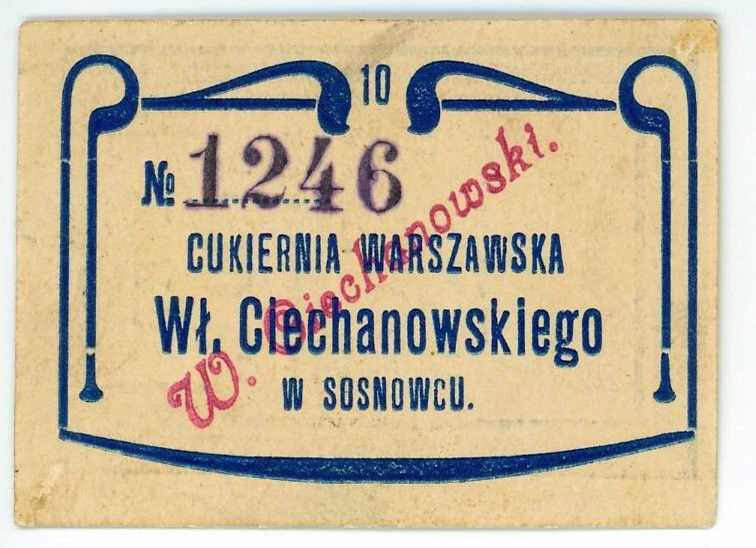 Poland Sosnowiec Cukiernia Ciechanowskiego 10 Kopeks 1917

Podczaski R-396/c3;...