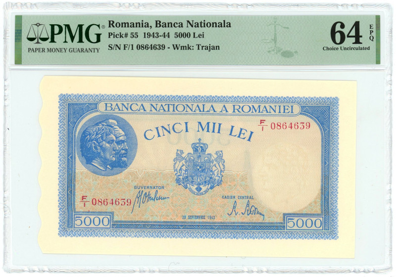 Romania 5000 Lei 1943 - 1944 PMG 64 EPQ Choice UNC

P# 55, N# 205746; # 864639...