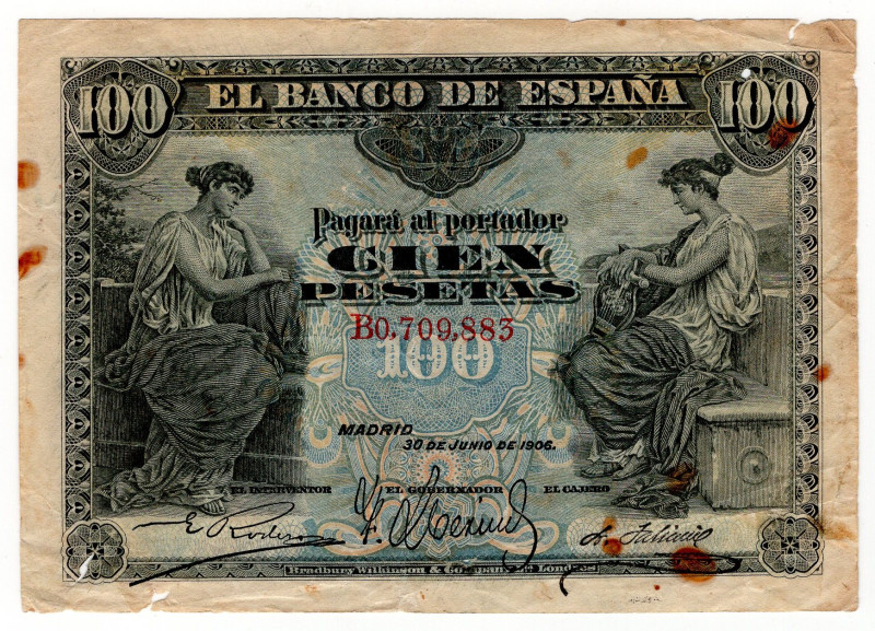 Spain 100 Pesetas 1906

P# 59, N# 294783; # B0,709,883; AVF