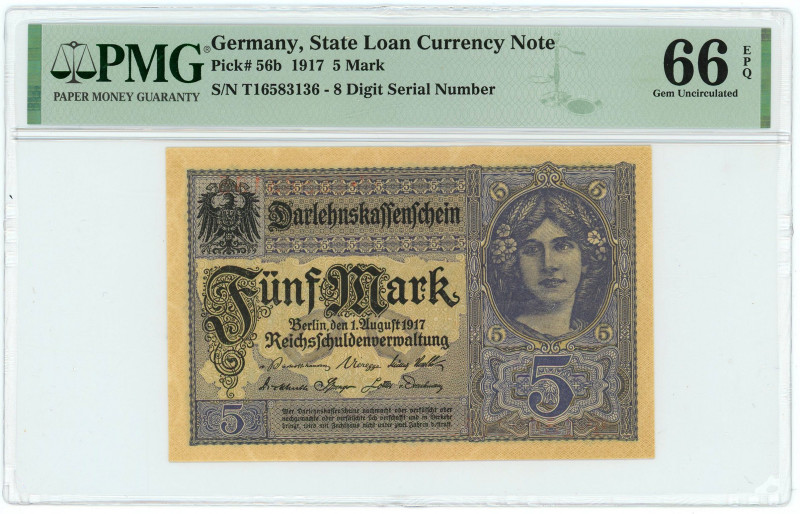 Germany - Empire 5 Mark State Loan Currency Note 1917 PMG 66 EPQ Gem UNC

P# 5...