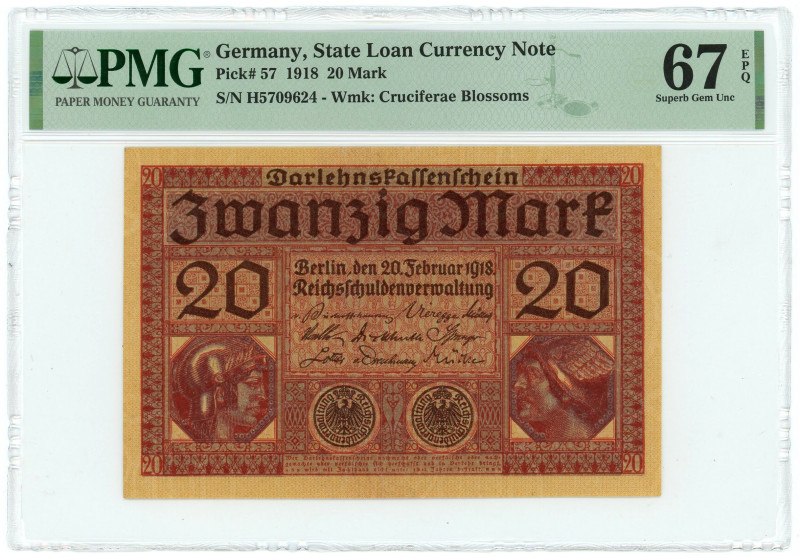 Germany - Empire 20 Mark 1918 PMG 67 EPQ Superb Gem UNC

P# 57, N# 202178; # H...