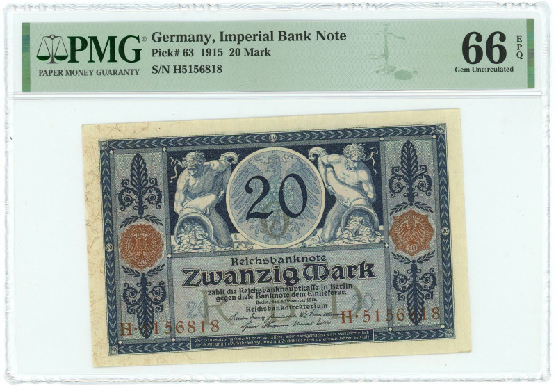 Germany - Empire 20 Mark Imperial Bank Note 1915 PMG 66 EPQ Gem UNC

P# 63, N#...