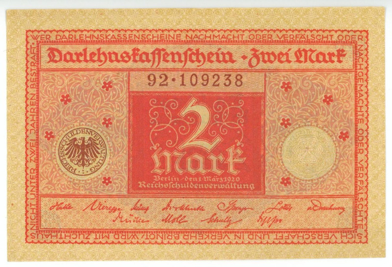 Germany - Weimar Republic 2 Mark 1920

P# 59, N# 203574; # 92-109238; Darlehns...