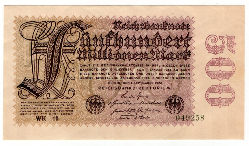 Germany - Weimar Republic 500000000 Mark 1924

P# 110a, N# 203604; # WK-10 049...