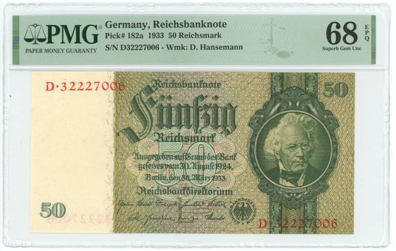 Germany - Third Reich 50 Reichsmark Reichsbanknote 1933 PMG 68 EPQ Superb Gem UN...