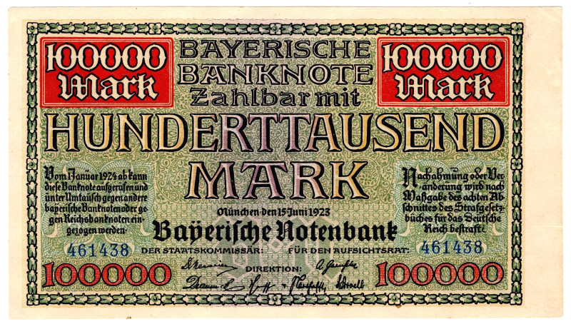 German States Bavaria 100000 Mark 1923

P# S928, N# 224537; # 461438; AUNC