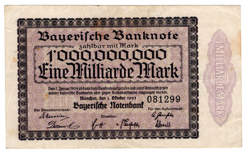 German States Bavaria 1000000000 Mark 1923

P# S936, N# 307794; # 081299; F