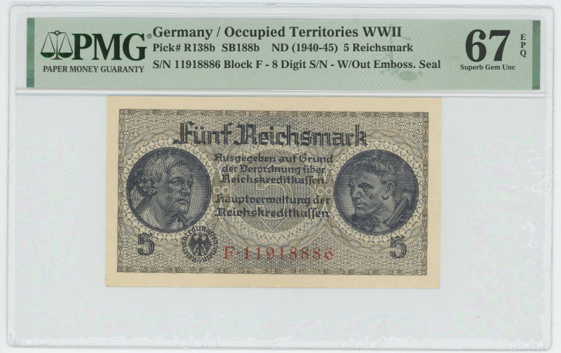 Germany - Third Reich 5 Reichsmark 1940 - 1945 (ND) PMG 67 EPQ

P# R138b, N# 2...