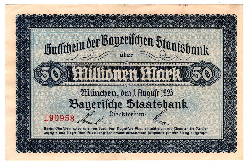 Germany - Weimar Republic Bavaria 50000000 Mark 1923

N# 270440; # 190958; VF+