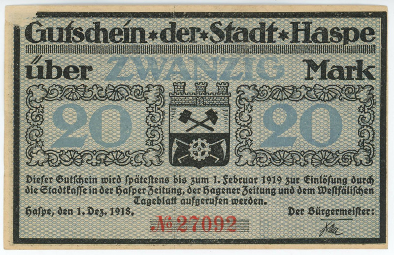 Germany - Weimar Republic Haspe 20 Mark 1919

# 27092; UNC