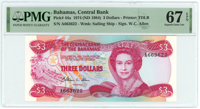 Bahamas 3 Dollars 1974 (1984) (ND) PMG 67 EPQ Superb Gem UNC

P# 44a, N# 21276...